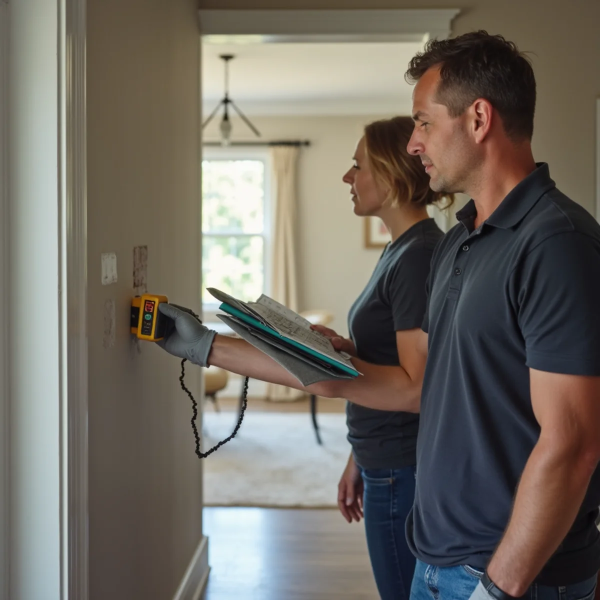 Restoration crew lead checking a wet wall with a moisture meter and logging the reading during a walkthrough in a Davidson, NC home