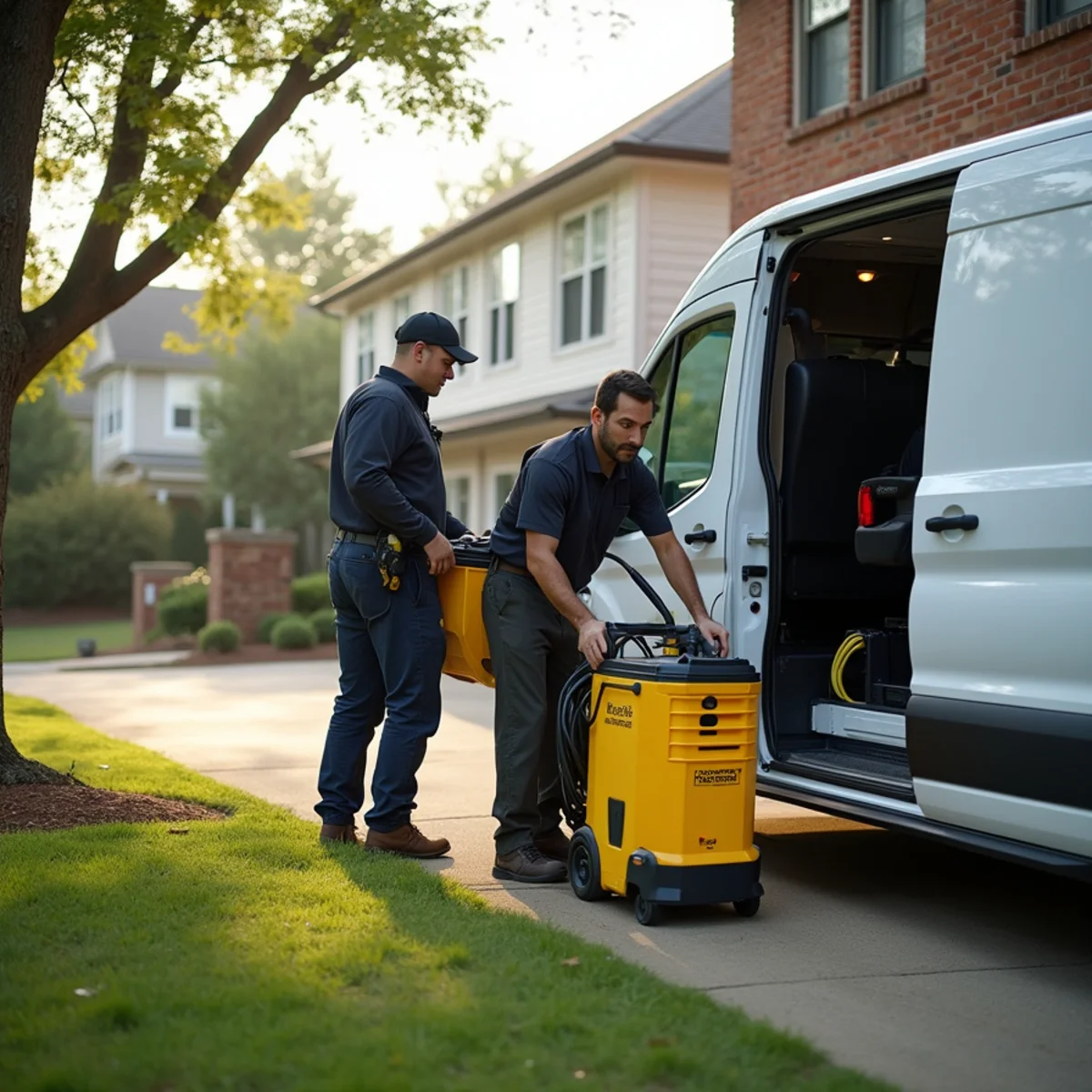 Restoration technicians loading air movers and dehumidifiers into an unmarked white van outside a two-story home in Davidson, NC