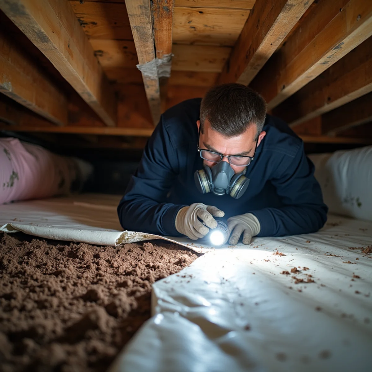 Technician in a respirator inspecting mold on floor joists above a torn vapor barrier in the crawl space of a Cornelius, NC lake-area home