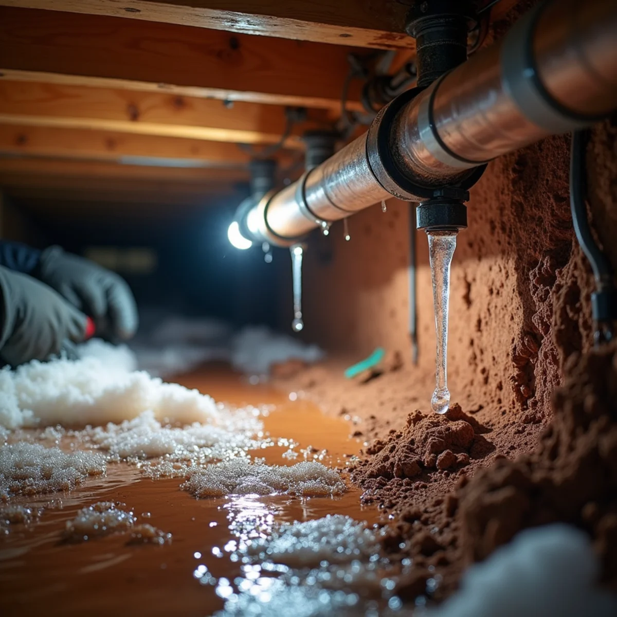 Split copper supply line with ice on it in a vented crawl space under an older home near Concord, NC after a hard freeze