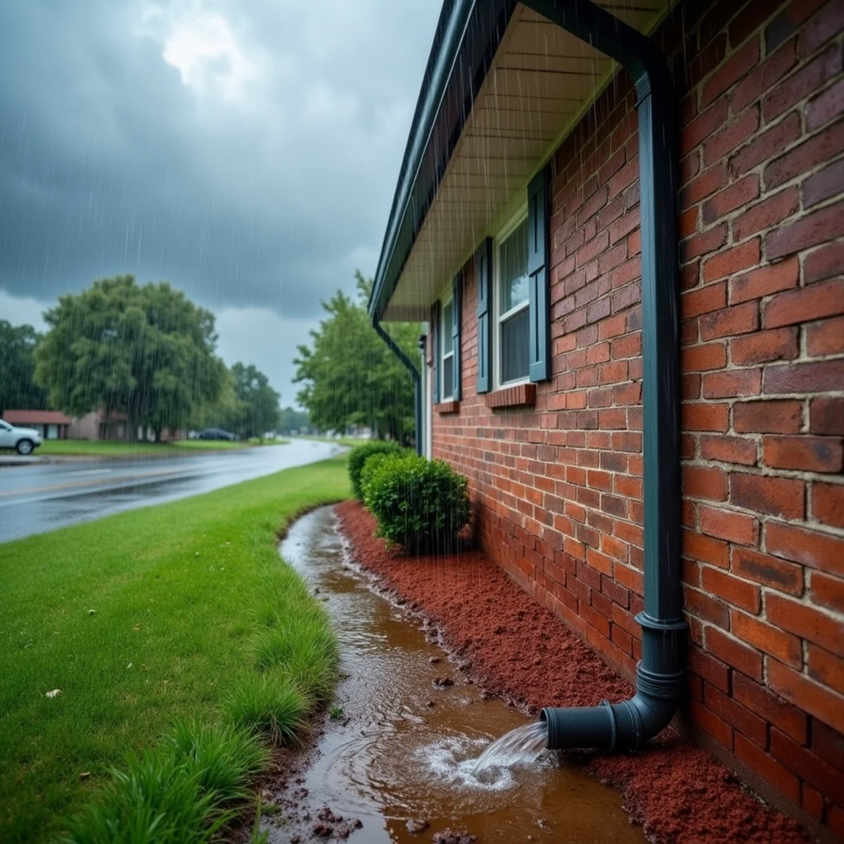 Overflowing gutter and short downspout pouring rainwater onto red clay beside the foundation of a two-story home near Lake Norman in Cornelius, NC