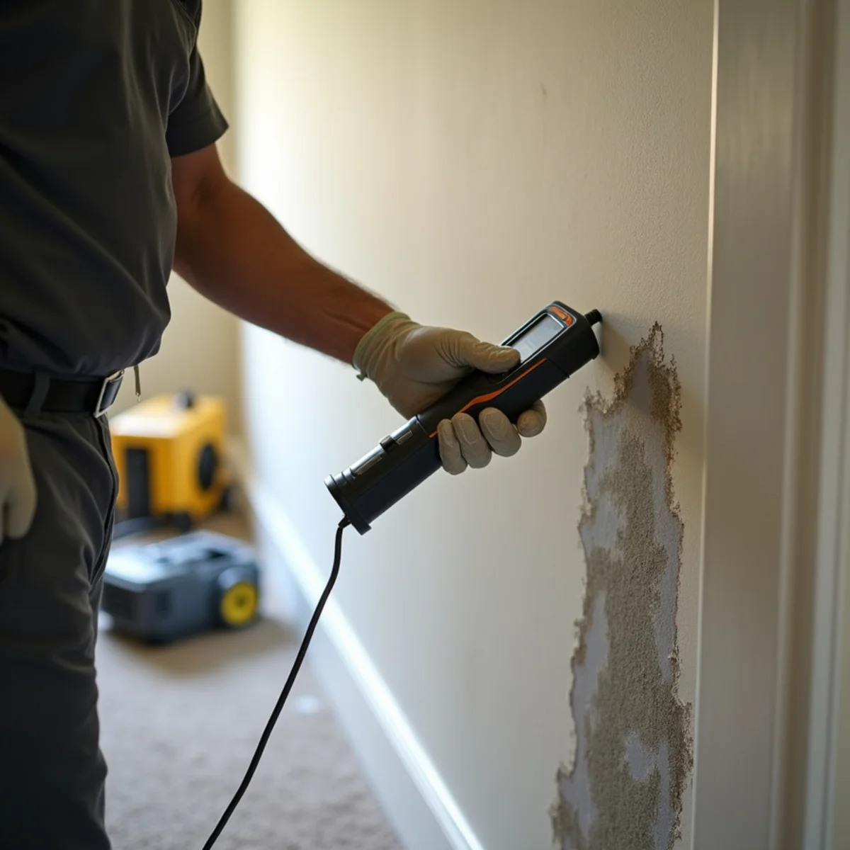 Technician holding a moisture meter against water-stained drywall above a wet baseboard after a leak in a Davidson, NC home
