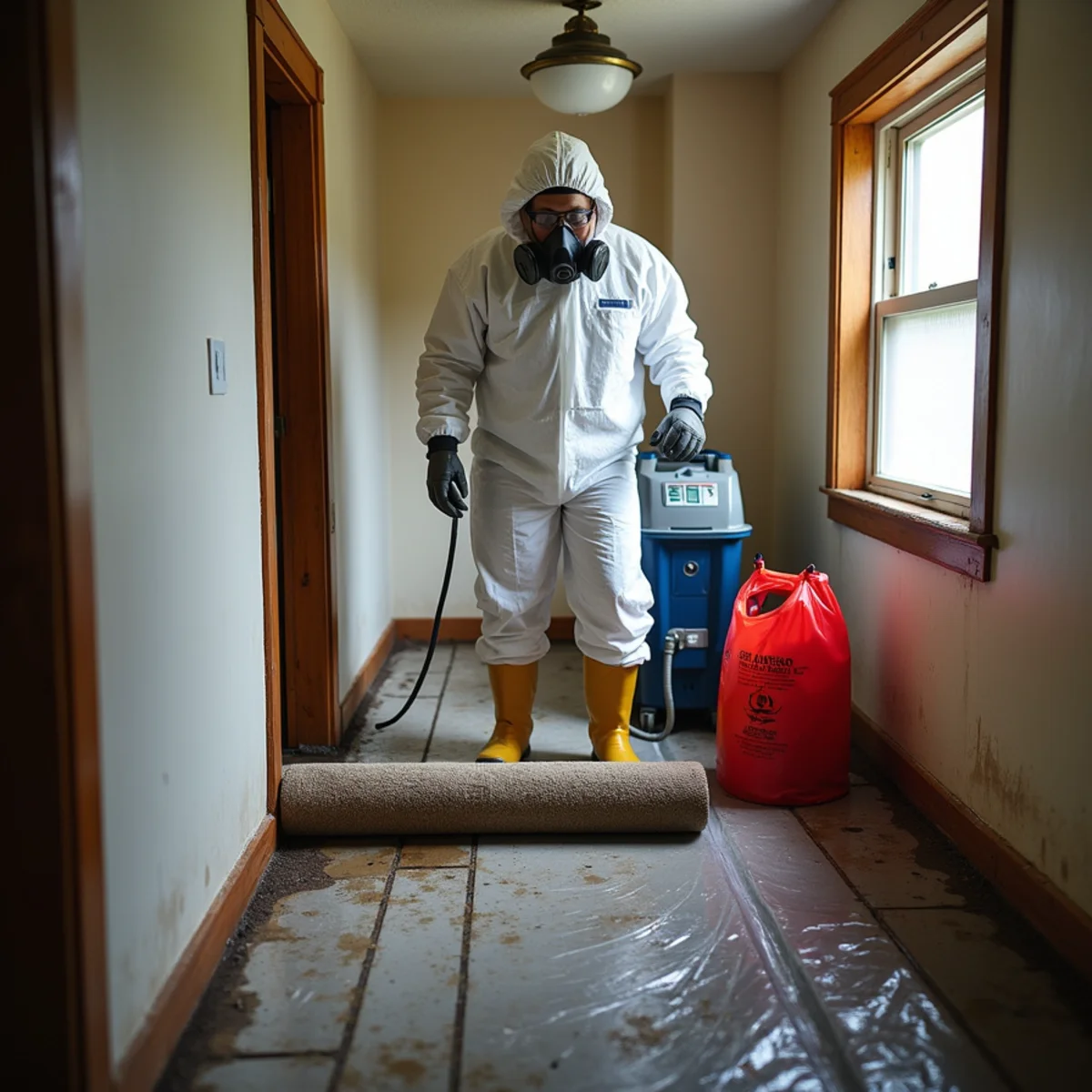 Restoration technician in a protective suit, gloves and respirator removing sewage-soaked carpet from a lower-level room near Kannapolis, NC