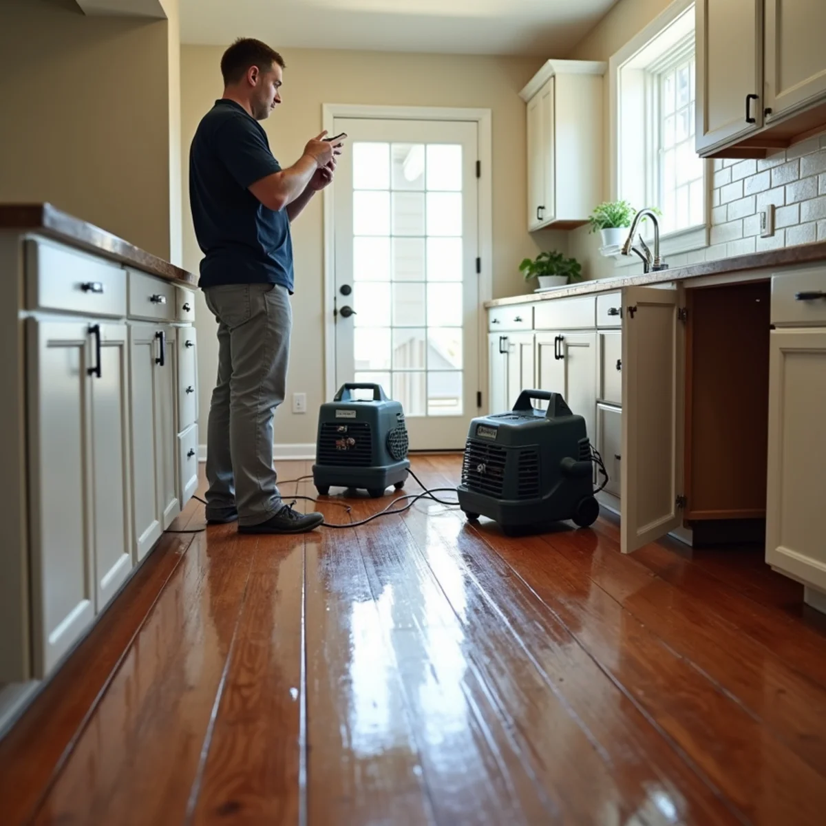 Homeowner photographing a wet hardwood floor beside a leaking kitchen sink cabinet in a Davidson, NC home while air movers dry the room