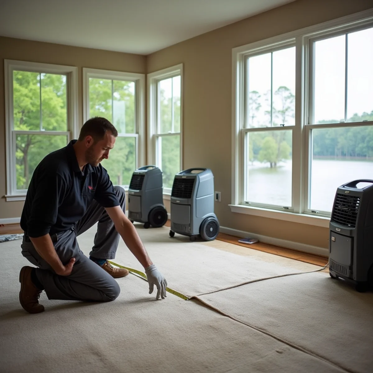 Technician measuring a water-damaged living room with air movers and a dehumidifier running in a Mooresville, NC lake-area home