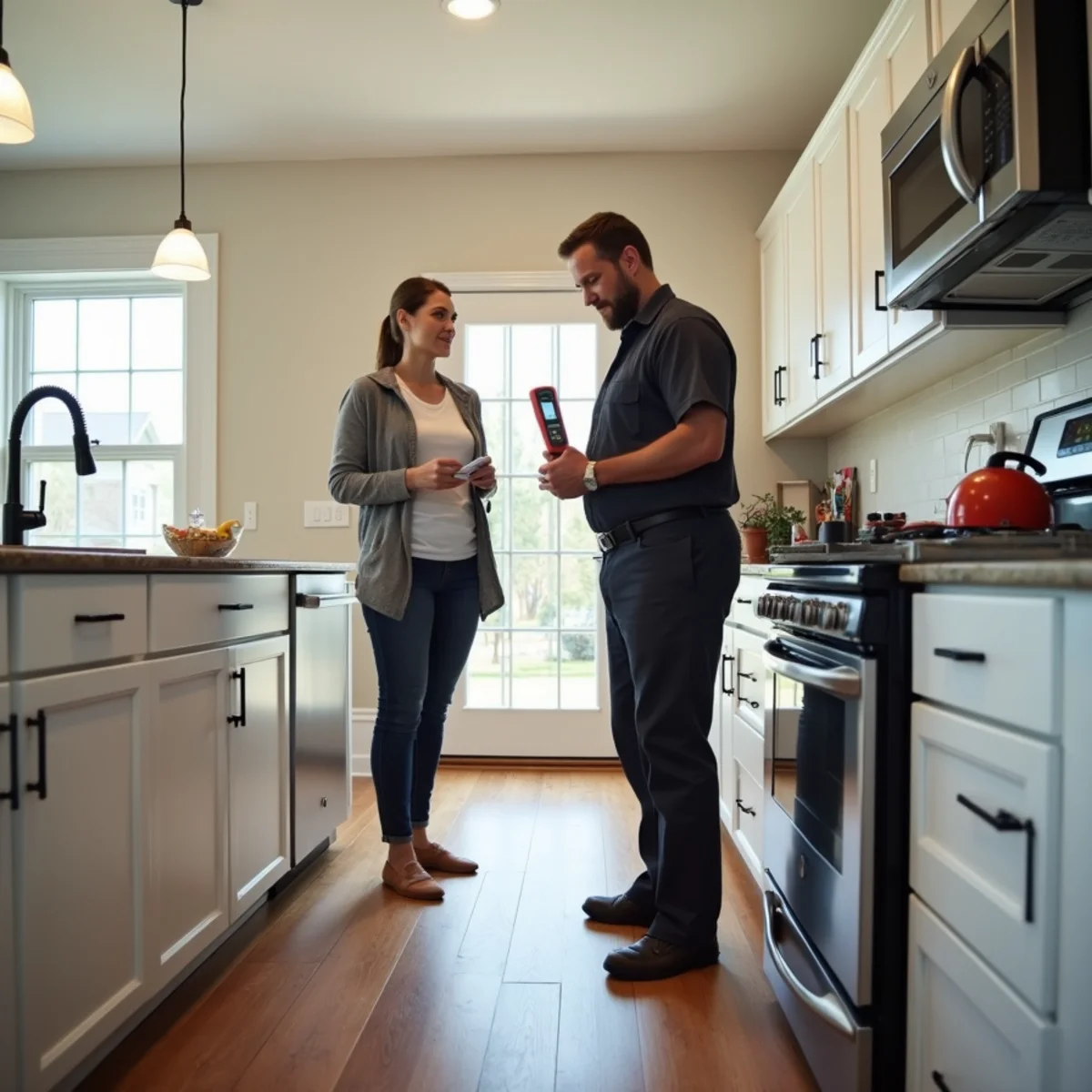 Homeowner reading a moisture meter beside a restoration technician in a Davidson, NC kitchen after a leak