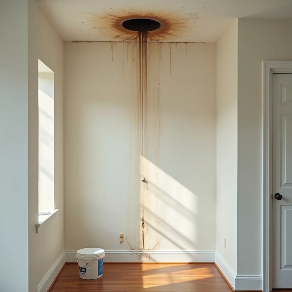 Water-stained, sagging drywall ceiling below an upstairs laundry room in a two-story Davidson, NC home, with a bucket on the hardwood floor