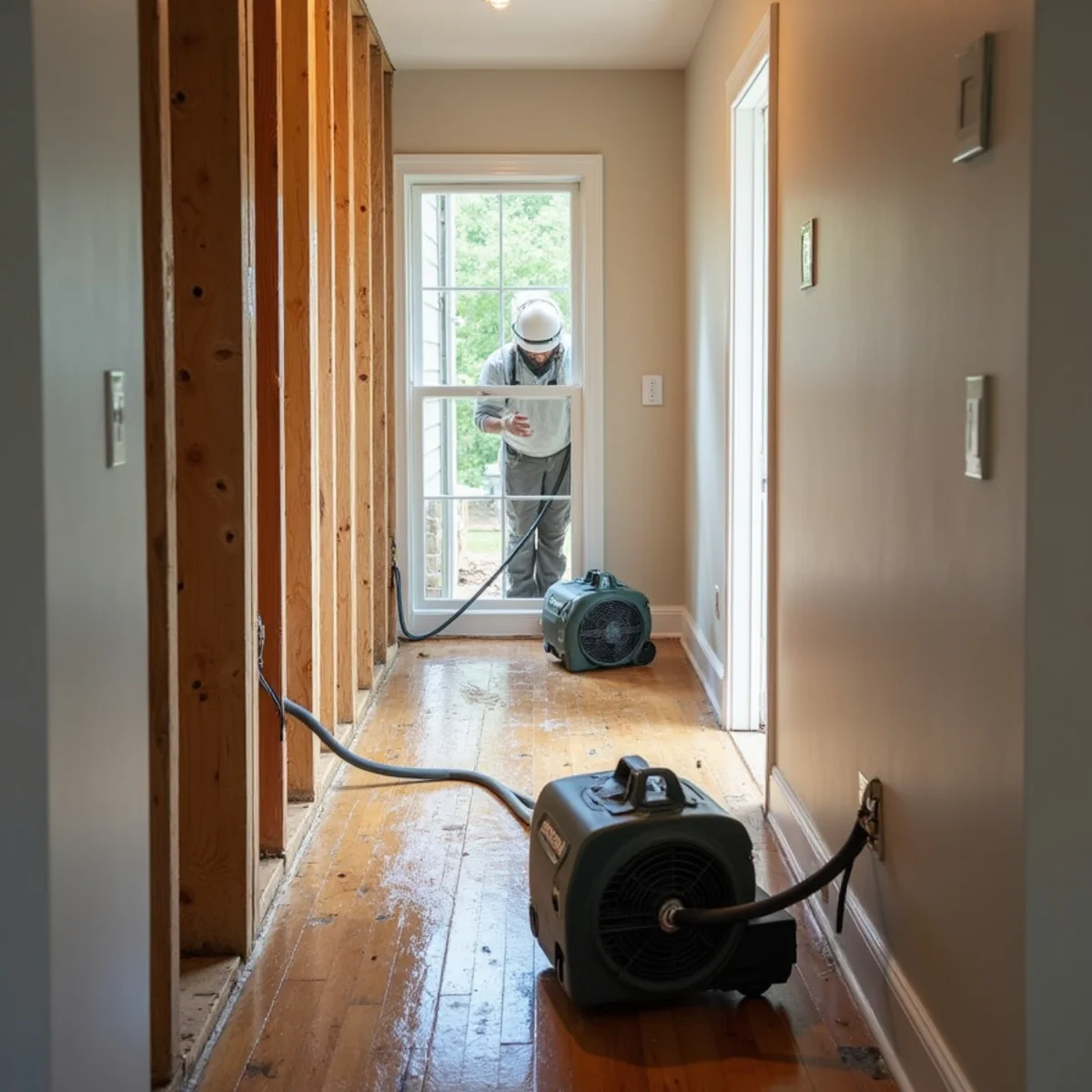 Drywall flood cut along a hallway wall with air movers and an LGR dehumidifier drying the open wall cavity in a Davidson, NC house