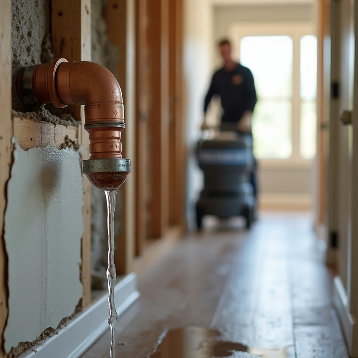 Split copper supply pipe dripping water inside an opened drywall wall in a Davidson, NC home, with a technician setting up an extractor