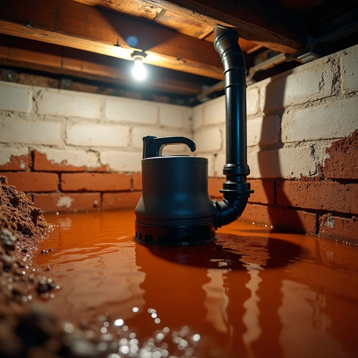Submersible pump and discharge hose removing standing water over red clay in a crawl space under a Davidson, NC house