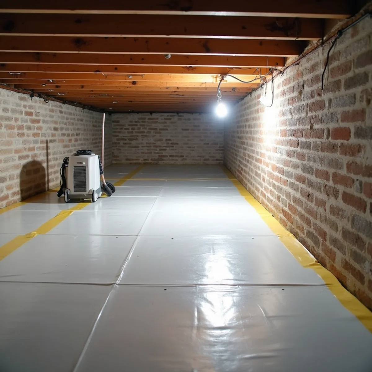 New white vapor barrier with taped seams laid over the ground in a dried crawl space beneath a Davidson, NC home near Lake Norman