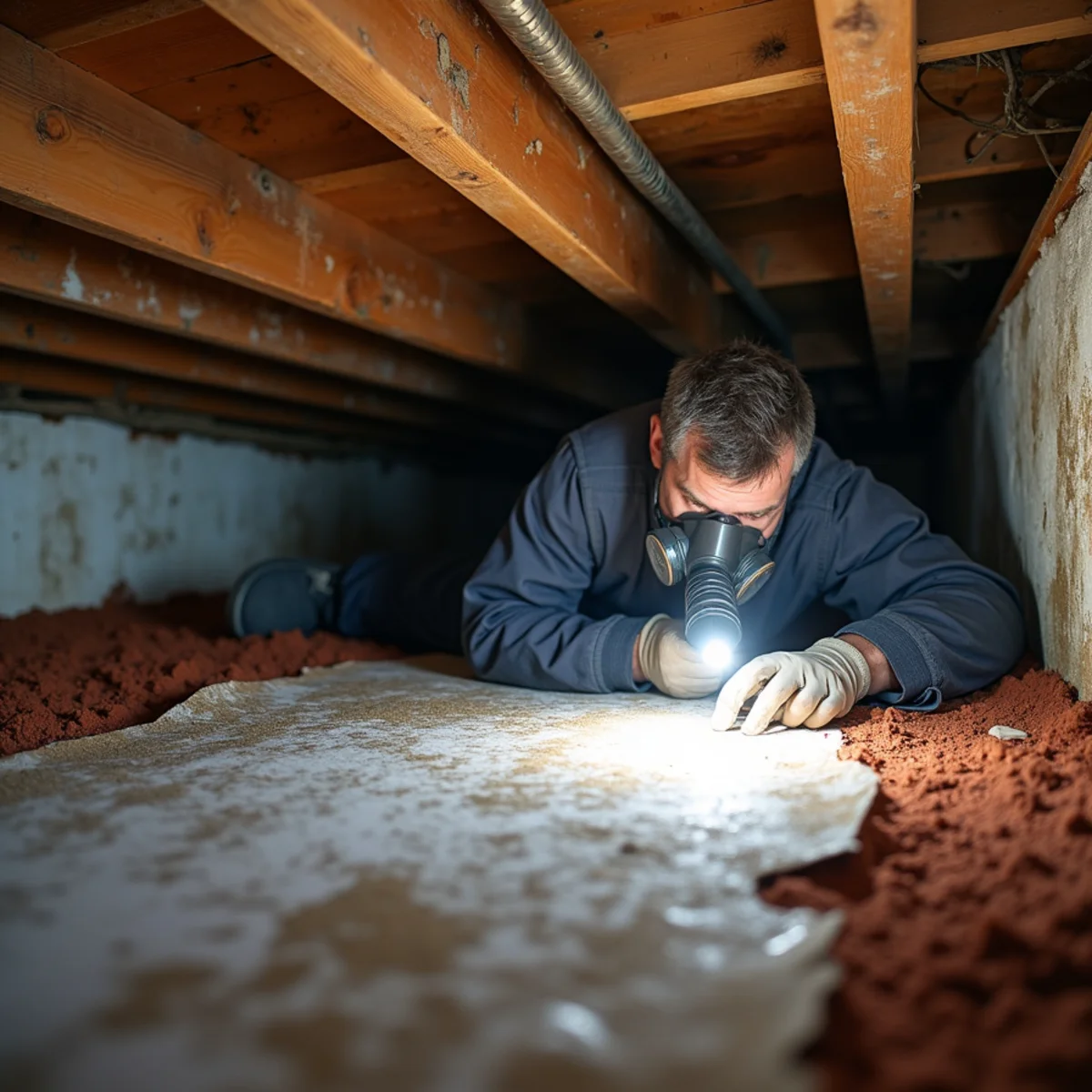 Technician in a respirator inspecting mold on floor joists with a flashlight in a vented crawl space under a Davidson, NC home