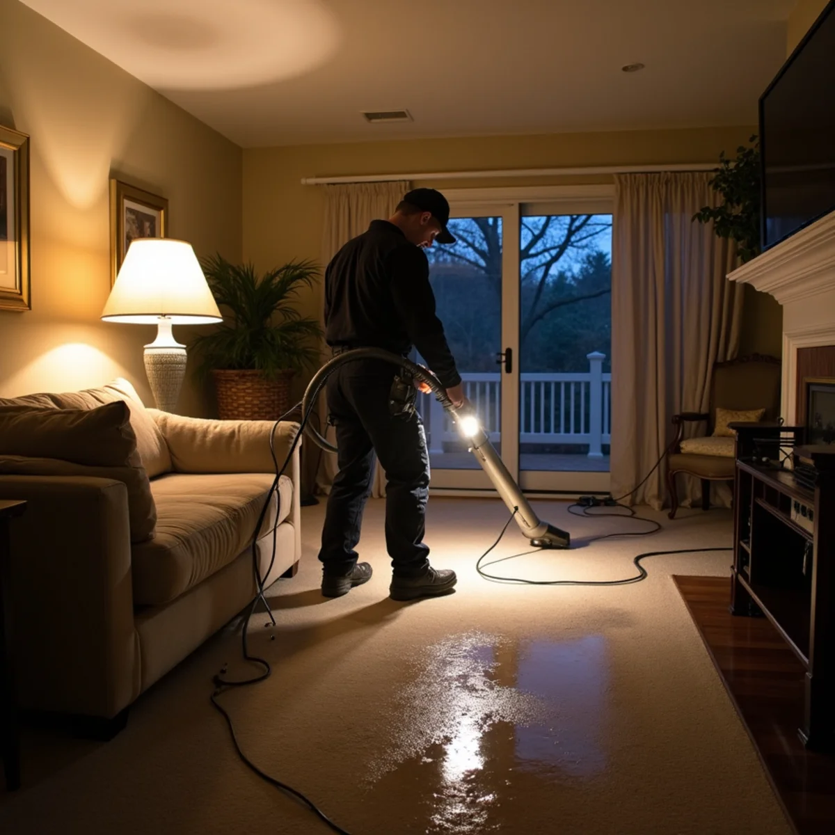 Technician running a water extraction wand across wet carpet in a lamp-lit living room of a Davidson, NC home at night