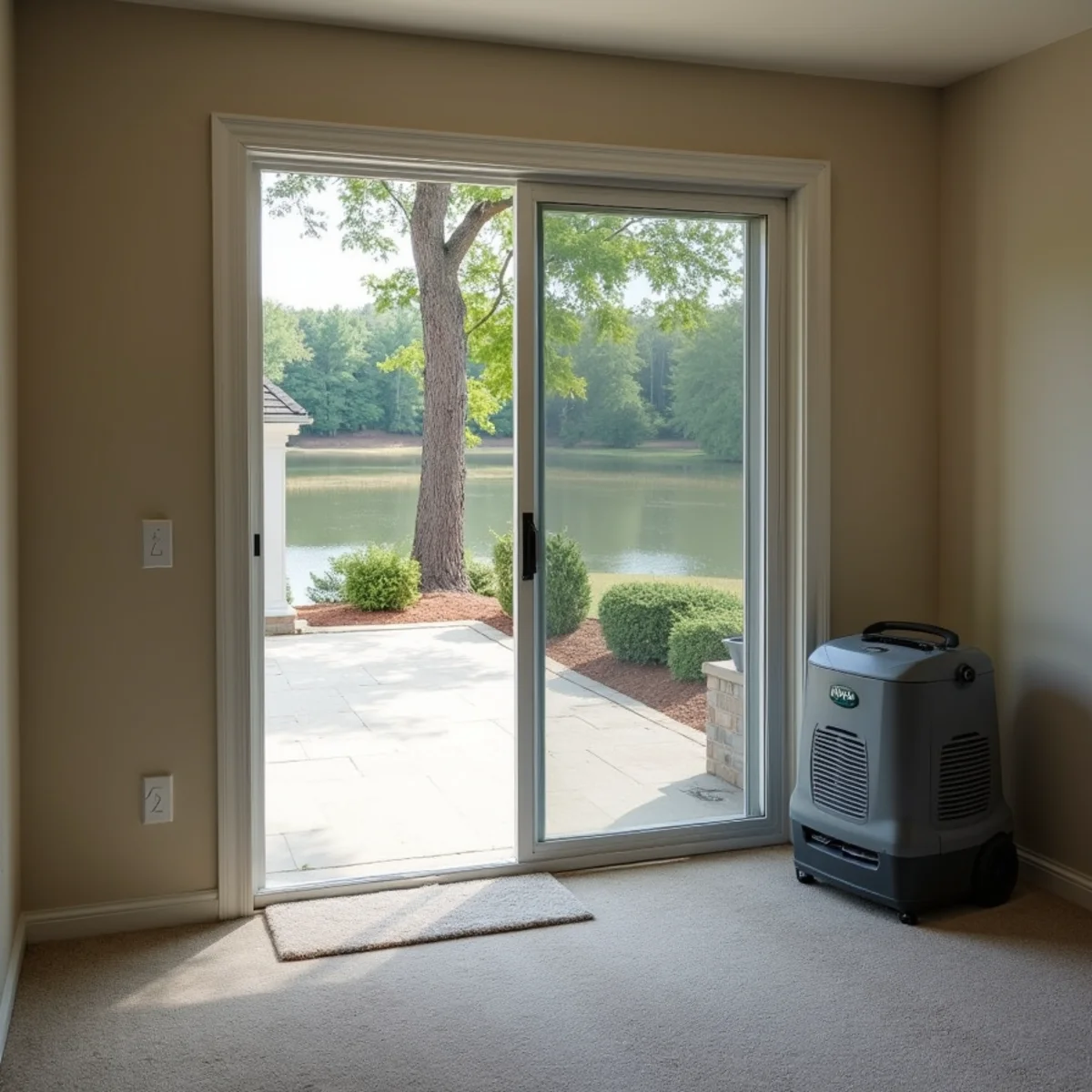 Air movers and a dehumidifier drying a finished walk-out lower level of a sloped-lot lake home near Davidson, NC