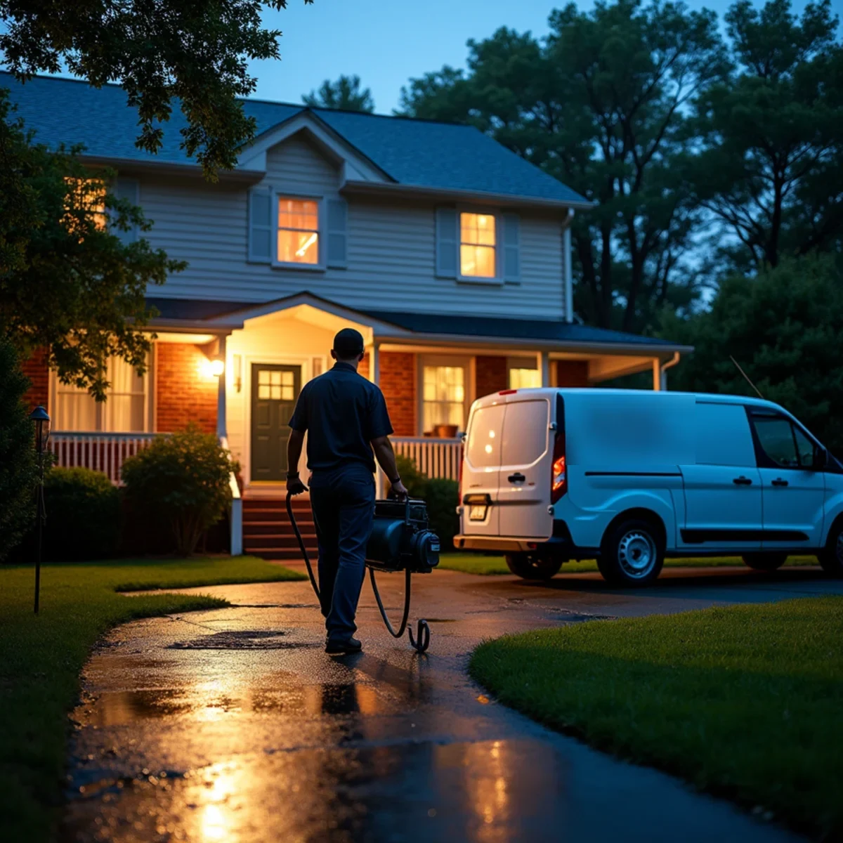 Restoration technician carrying a portable water extractor up the front walk of a two-story brick and siding home in Davidson, NC at dusk