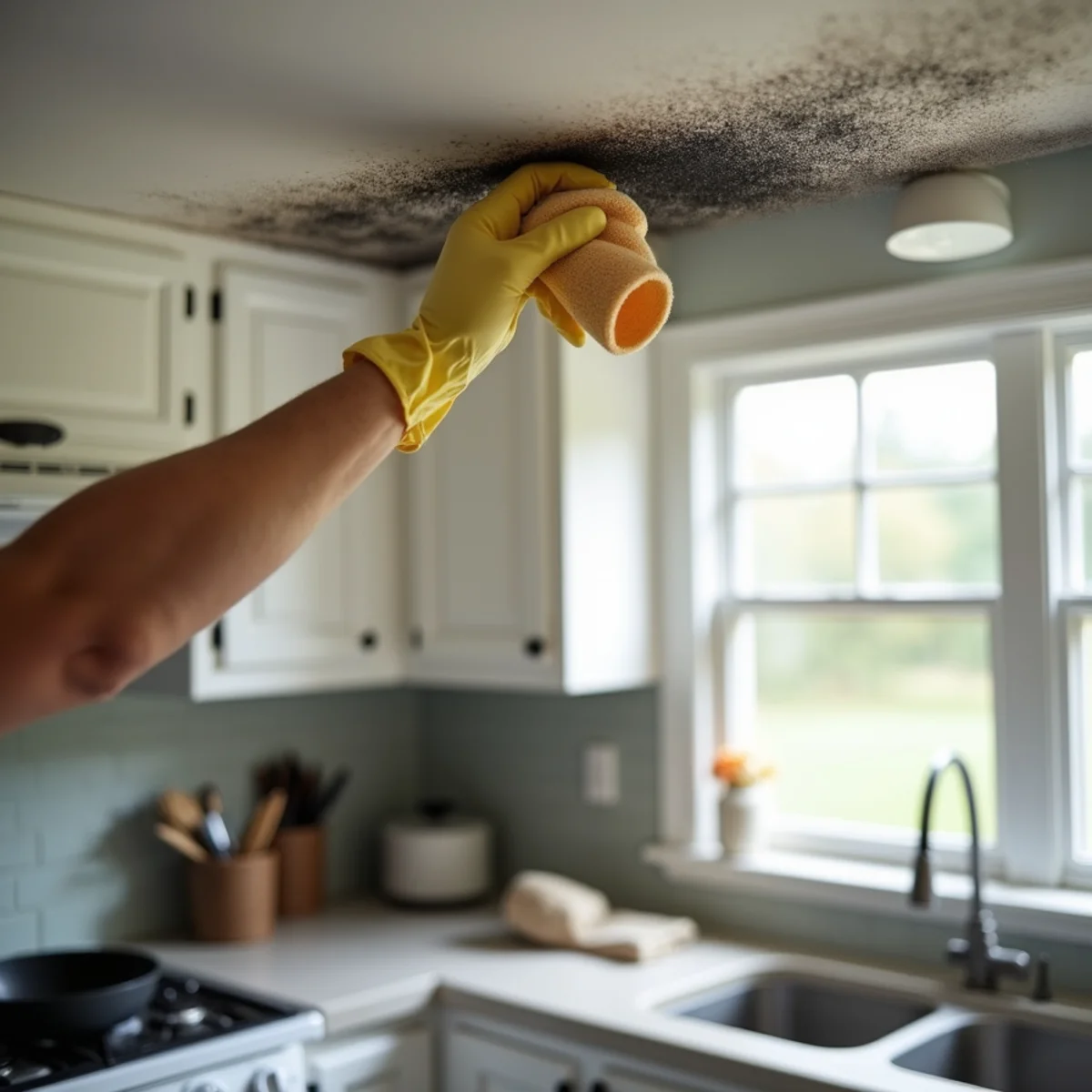 Gloved technician wiping soot off a kitchen ceiling with a dry chemical sponge above smoke-stained cabinets in a Davidson, NC home