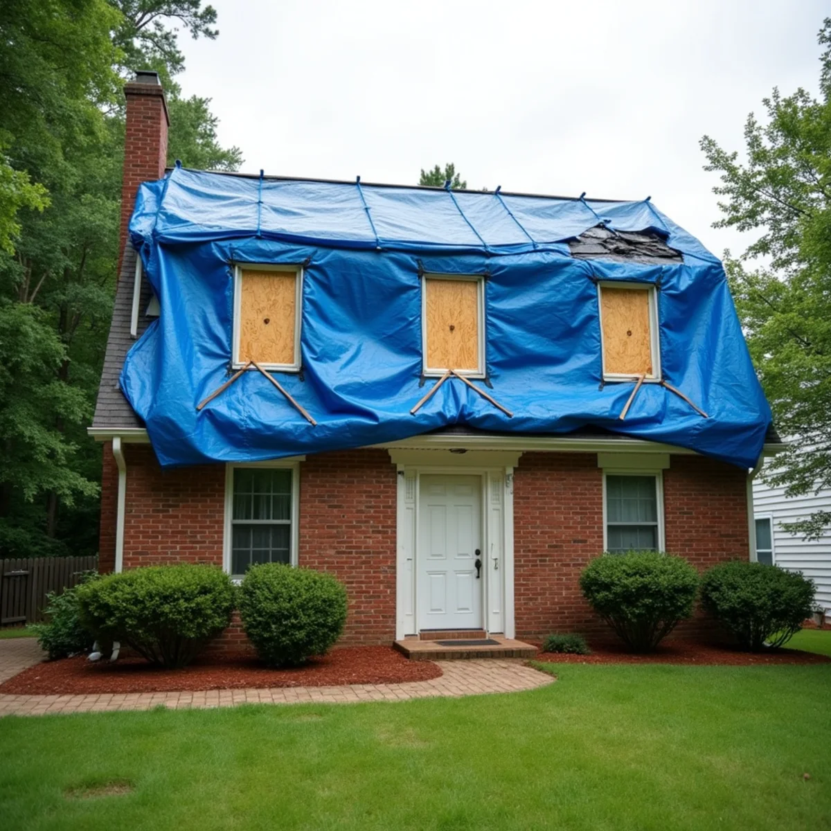 Blue tarp secured over a fire-vented roof and plywood boarding the windows of a two-story home in Davidson, NC