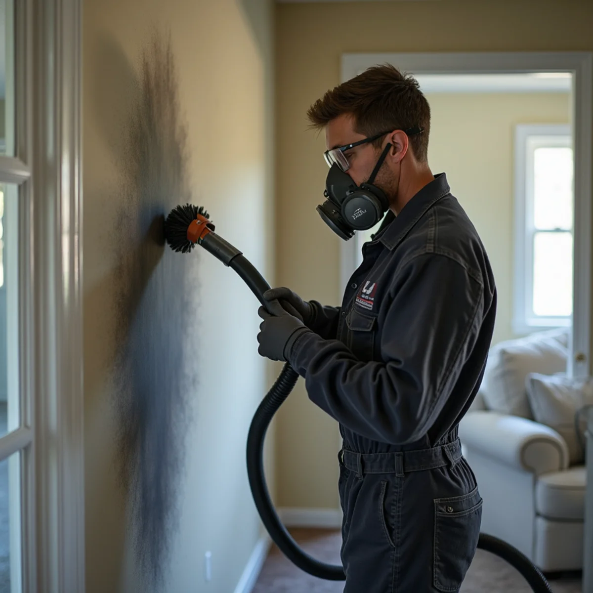 Restoration technician in a respirator HEPA-vacuuming soot from a smoke-stained living room wall in a Davidson, NC home