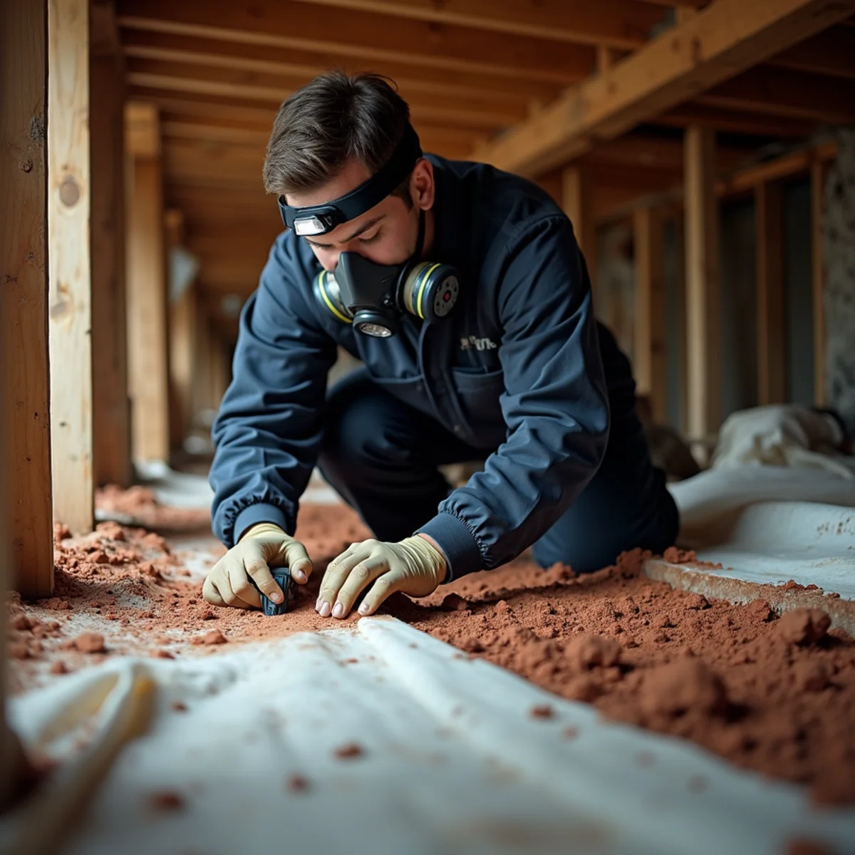 Technician in coveralls and a respirator taking a moisture reading on a floor joist in a vented crawl space under a Davidson, NC home