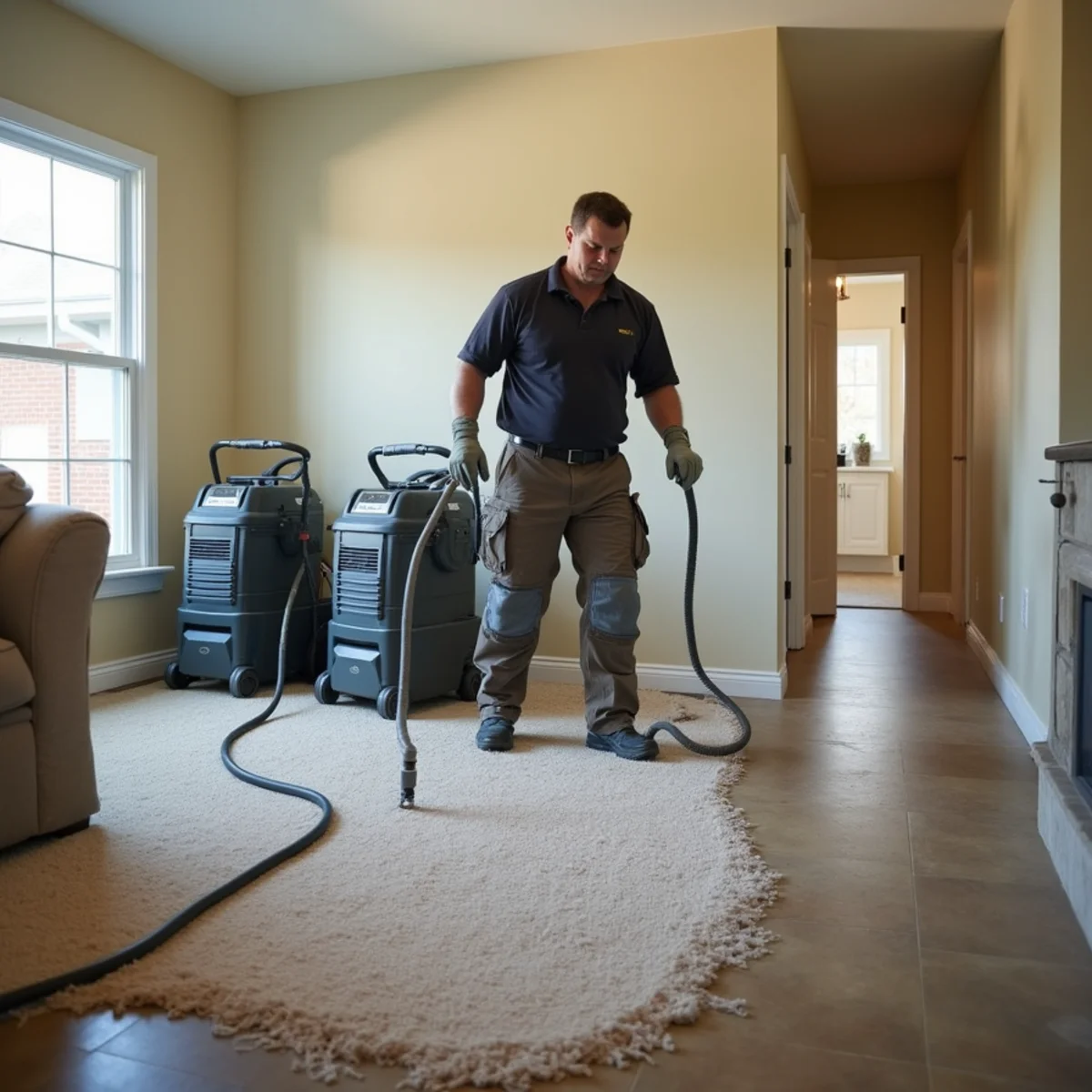 Restoration technician extracting water from wet carpet in a two-story brick and siding home in Davidson, NC, with air movers set up in the hallway