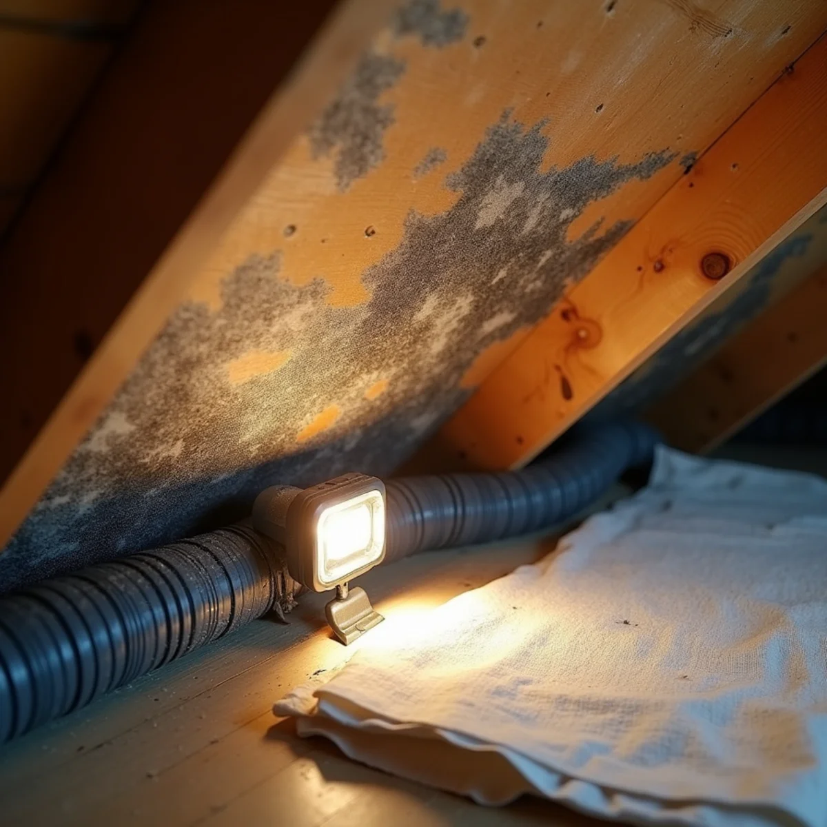 Dark mold spotting on attic roof sheathing above blown-in insulation in a Davidson, NC subdivision home, lit by a work light