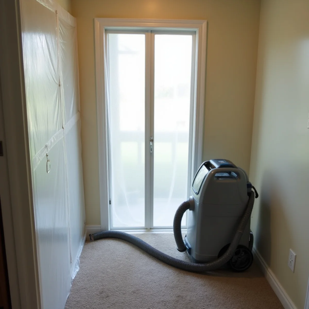 Plastic sheeting containment with a zipper door and a HEPA air scrubber set up in a hallway of a Davidson, NC home during mold remediation