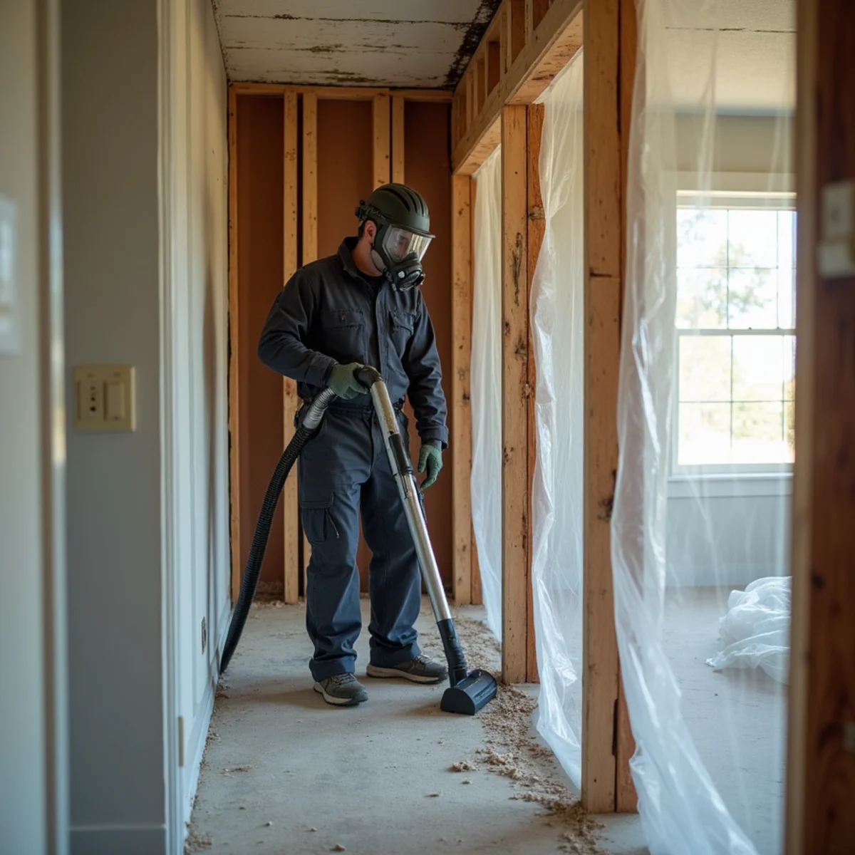 Technician in a respirator and coveralls HEPA vacuuming an opened wall cavity inside plastic containment in a Davidson, NC home