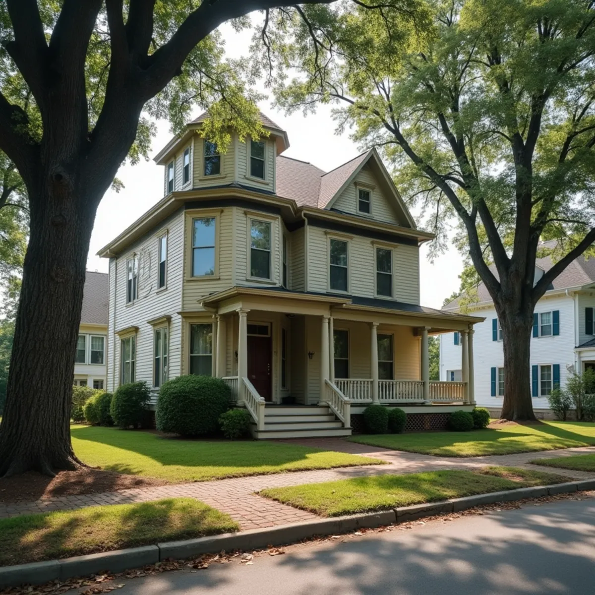 Victorian house with a wraparound porch under mature oaks in the North Union Street historic district of Concord, NC