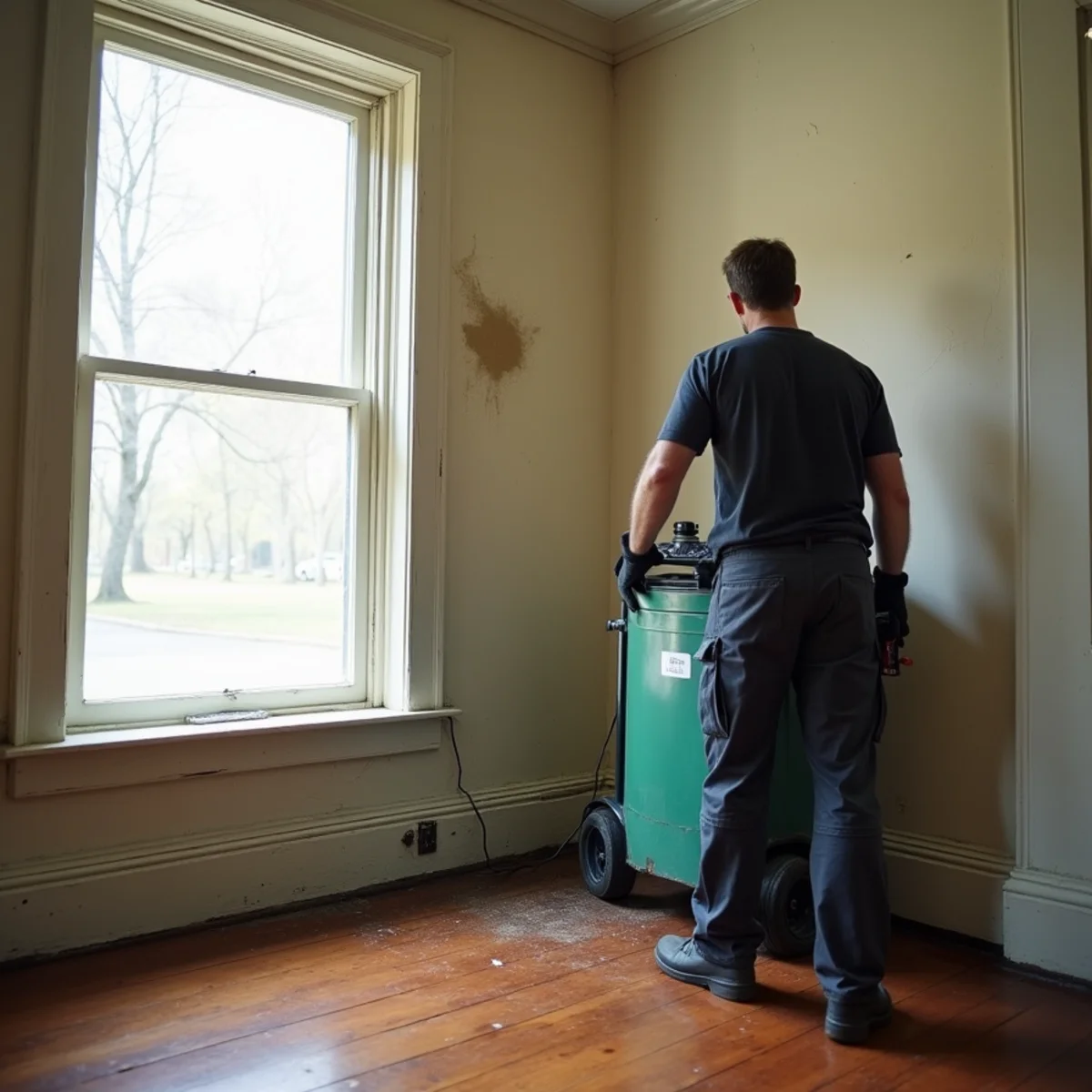 Technician placing a dehumidifier beside a plaster wall and original wood floor in a historic Victorian house in Concord, NC