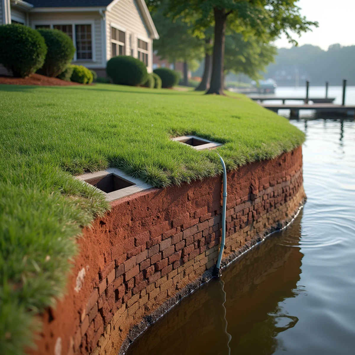 Lakefront home in Cornelius, NC with a brick foundation and crawl space vents above a sloped lawn running down to Lake Norman