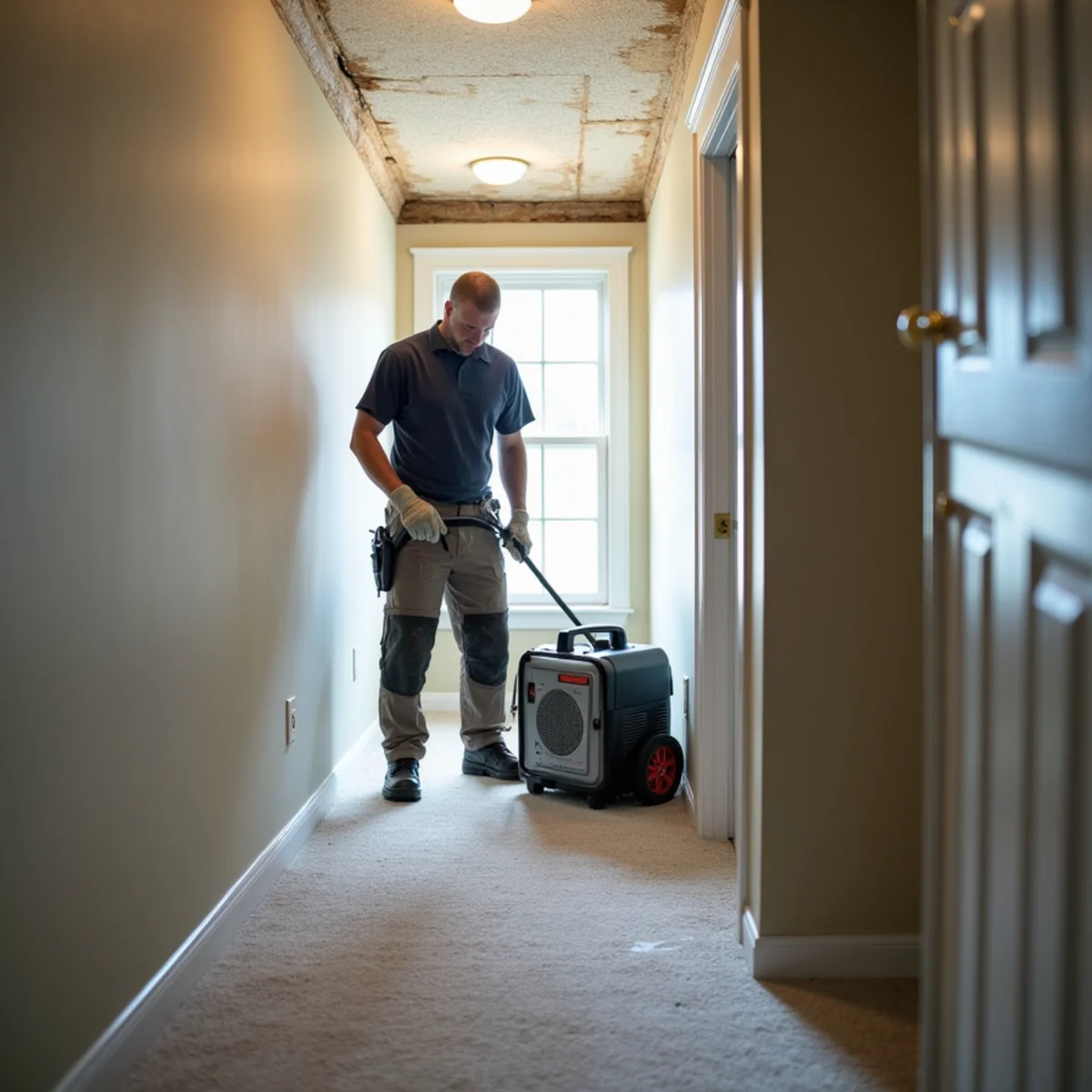 Technician setting an air mover and dehumidifier in the hallway of a two-story Cornelius, NC home after a water heater leak