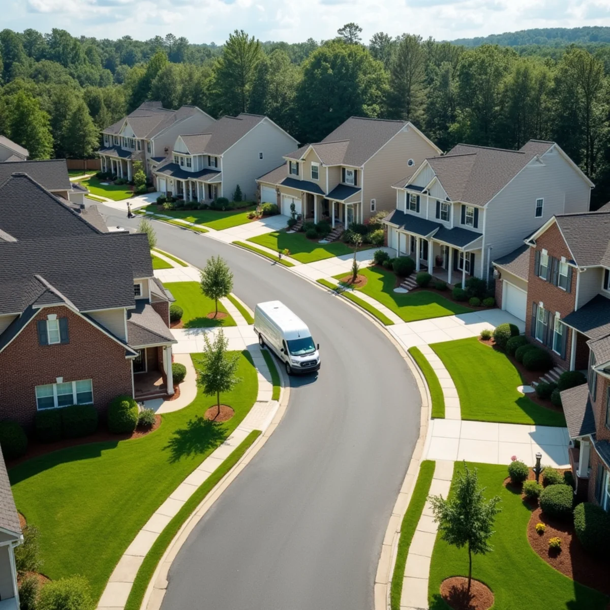 Row of two-story brick and vinyl siding subdivision homes from the early 2000s on a curved street in Huntersville, NC