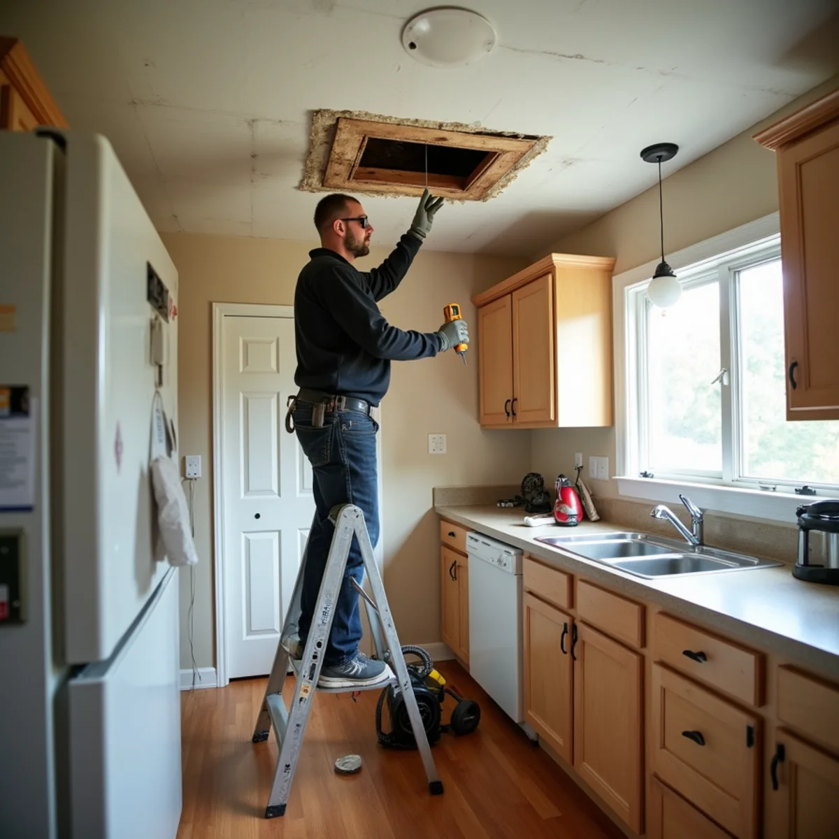 Technician on a ladder checking an opened kitchen ceiling with a moisture meter below an upstairs bathroom leak in a Huntersville, NC home