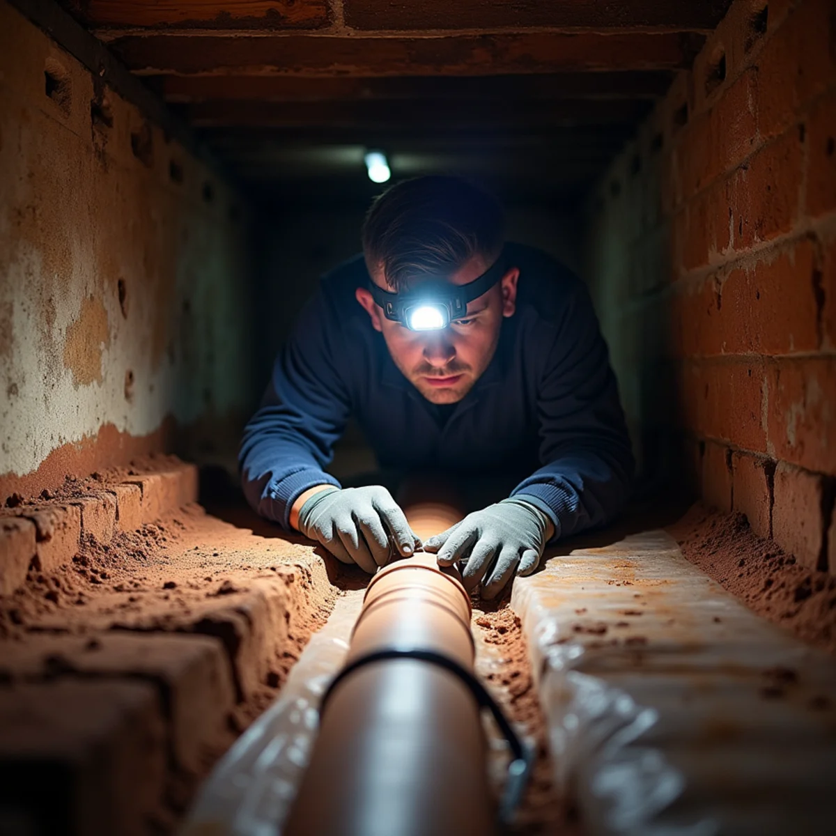 Technician with a flashlight inspecting old clay drain pipe in the low crawl space of a mill house in Kannapolis, NC