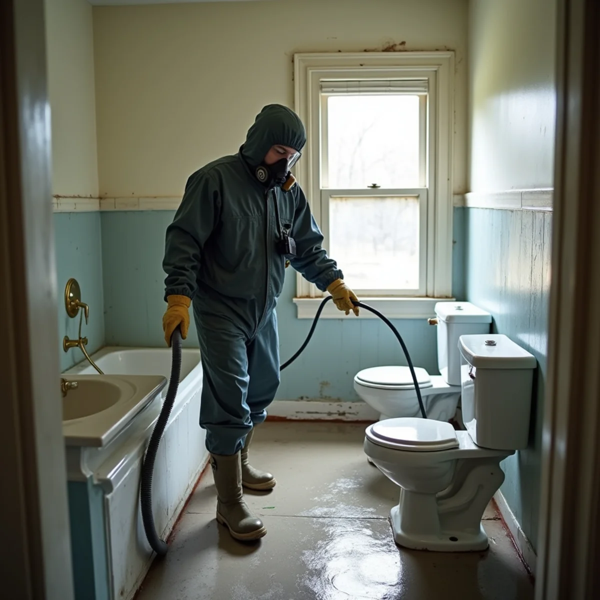 Technician in gloves and a respirator extracting water from a bathroom floor in an older mill house in Kannapolis, NC