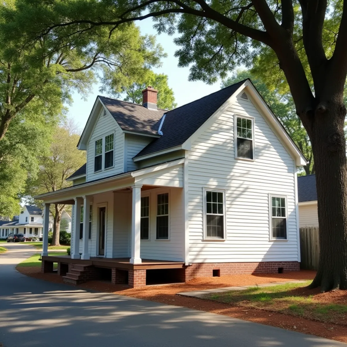 Small white-frame mill house with a front porch and mature trees in the Mill Village of Mooresville, NC