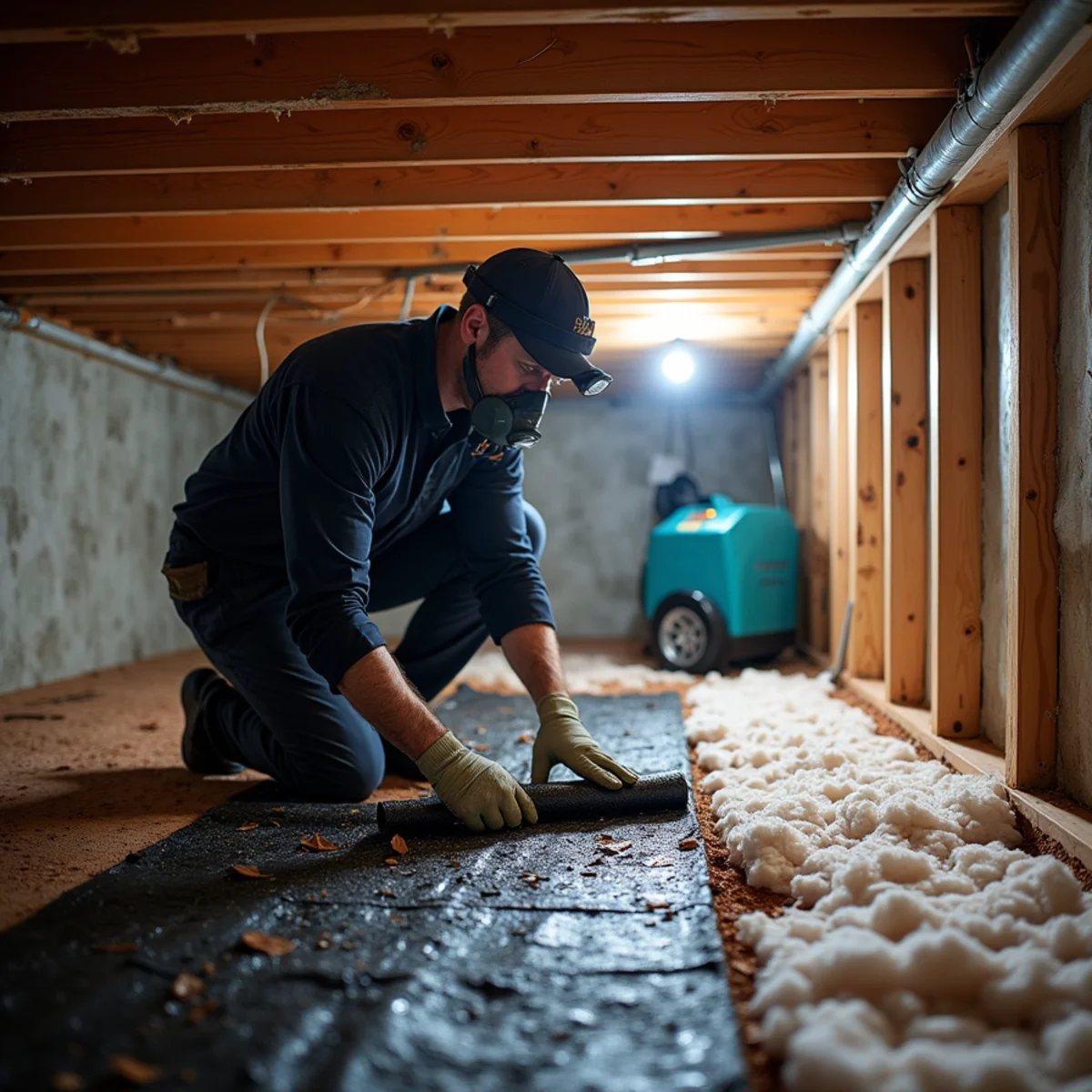 Technician in coveralls and a respirator pulling wet insulation from the vented crawl space of a Lake Norman home in Mooresville, NC