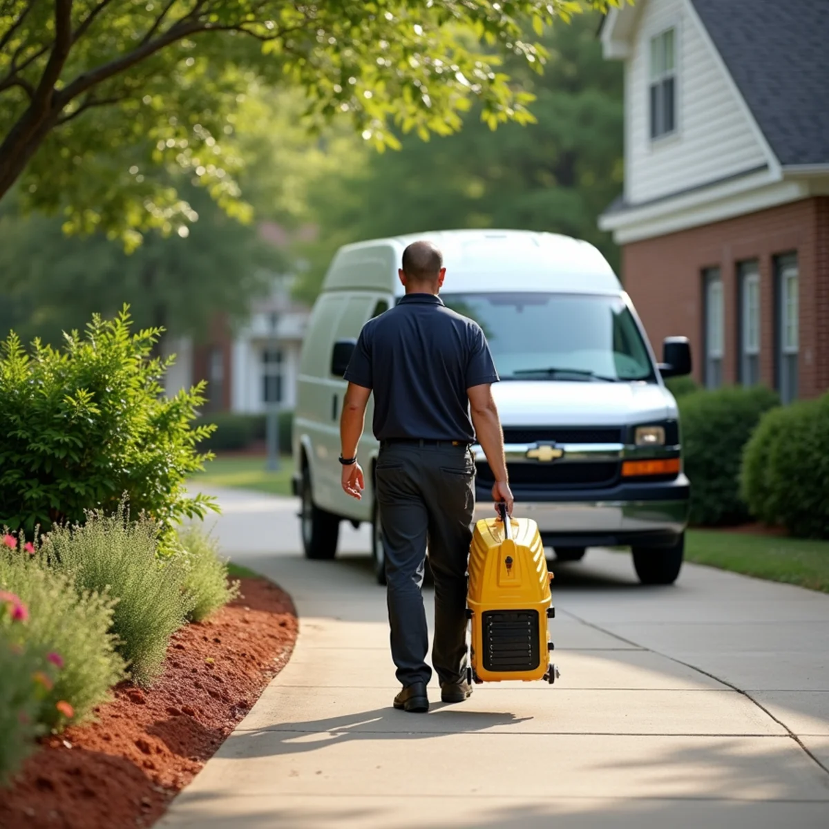 Restoration technician carrying an air mover up the driveway of a two-story brick home in a Lake Norman neighborhood near Davidson, NC
