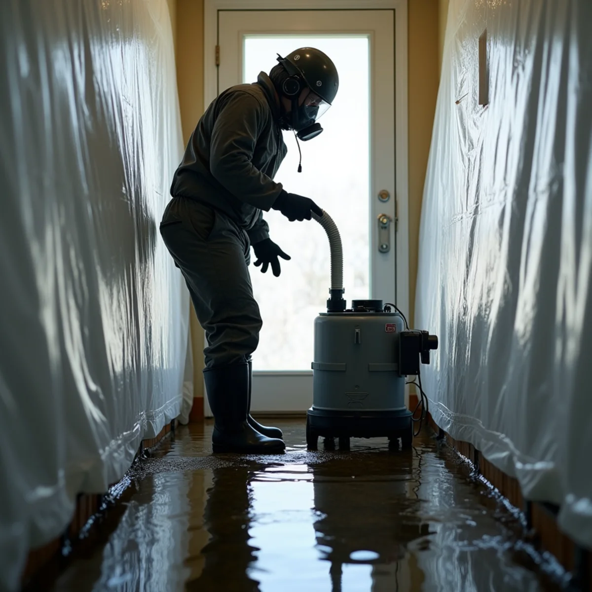 Technician in a full-face respirator, gloves and coveralls pumping out sewage behind plastic containment in a Davidson, NC lower-level room