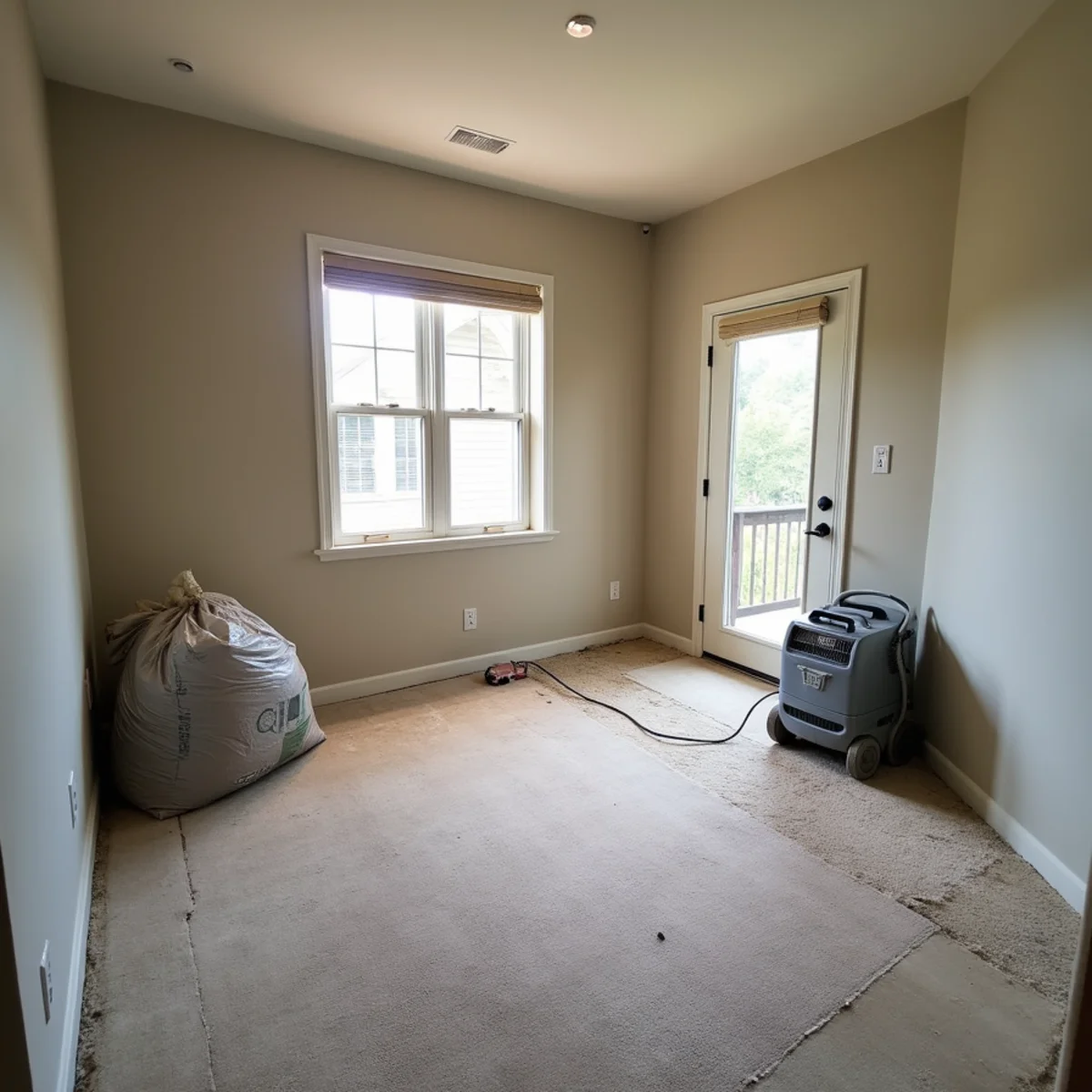 Drywall cut away above the wet line and carpet removed down to the subfloor after a sewer backup in a Davidson, NC home