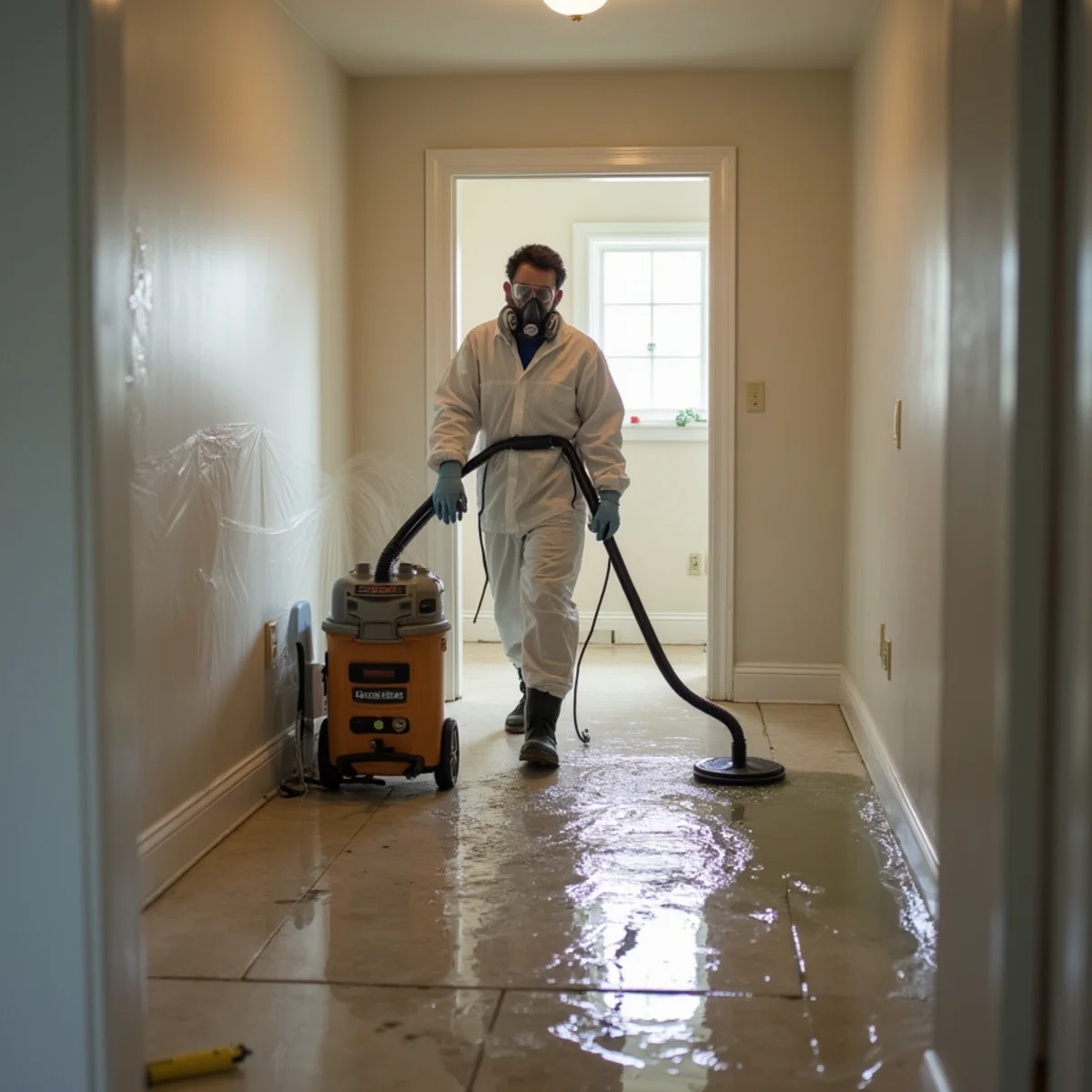 Restoration technician in a respirator and disposable coveralls extracting sewage water from a tiled lower-level floor in a Davidson, NC home