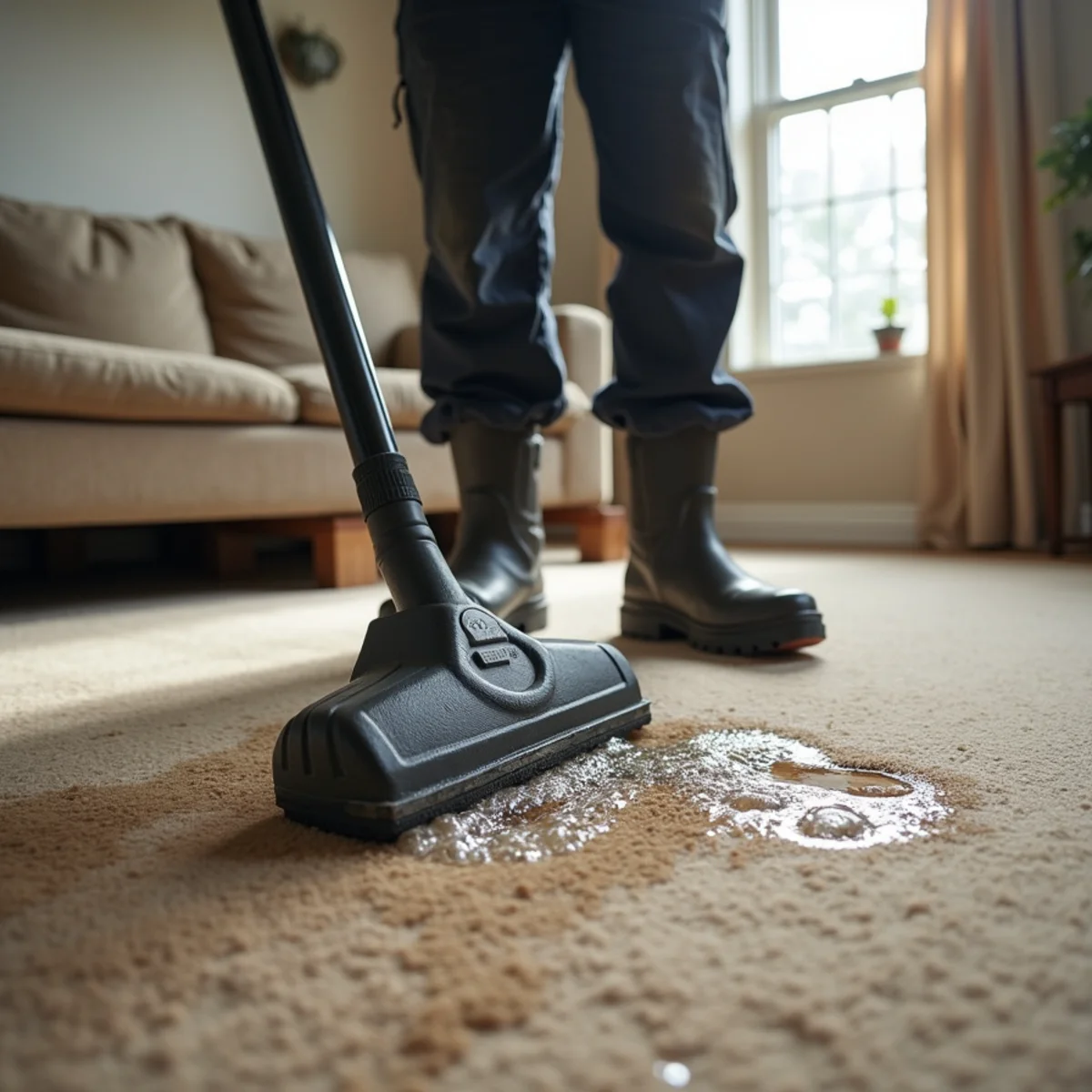 Technician in rubber boots standing on a weighted extraction tool to pull water from wet carpet and pad in a Davidson, NC family room