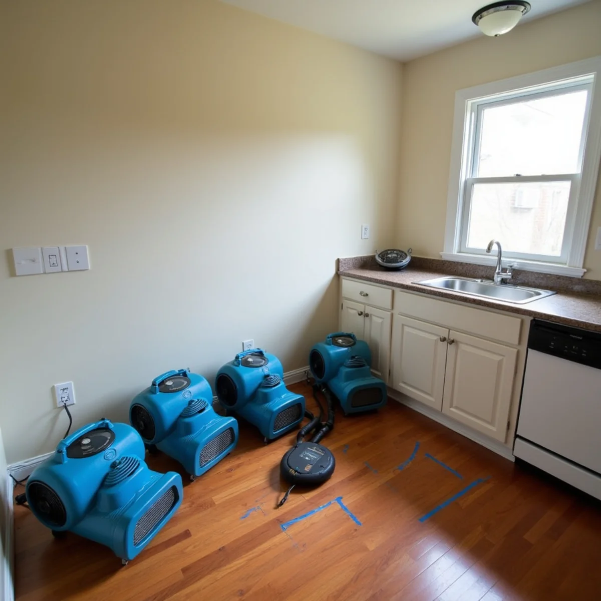 Air movers angled along a wet drywall wall and an LGR dehumidifier drying a kitchen in a Davidson, NC subdivision home