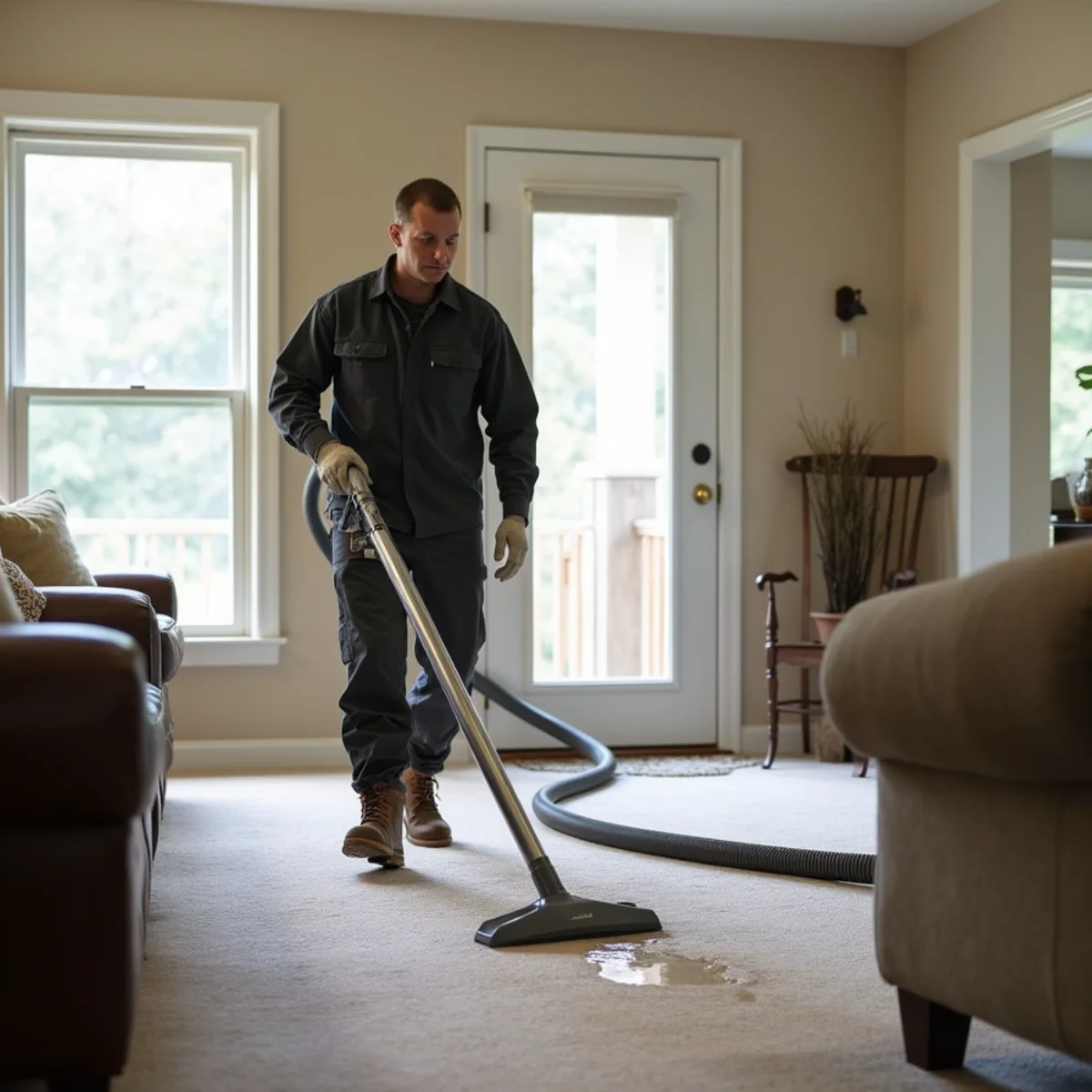 Technician running a water extraction wand over soaked living room carpet in a two-story Davidson, NC home